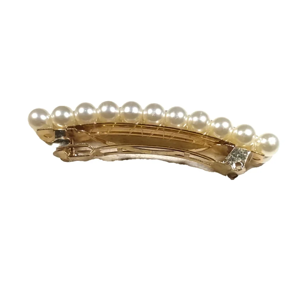 Faux Pearl Barrette Tension Clip Gold Tone White Church Party